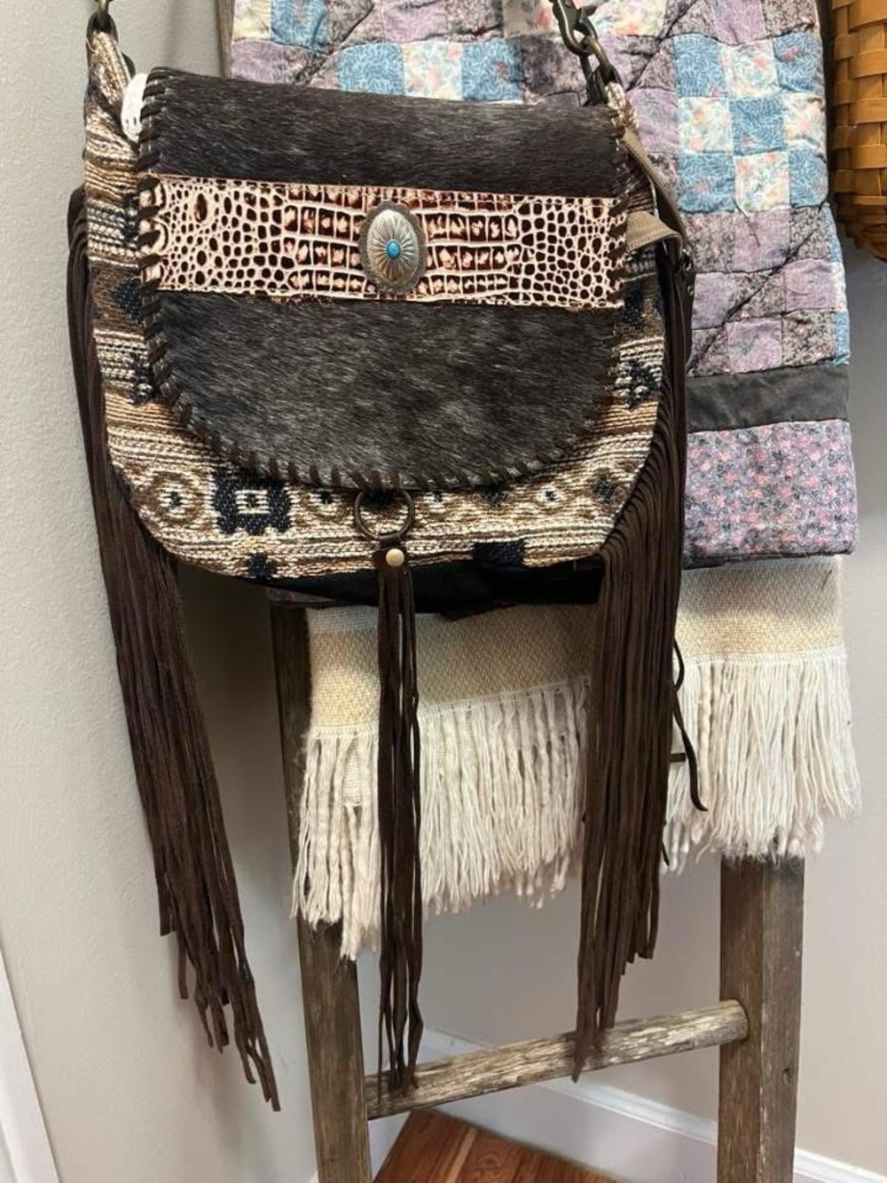 Myra Bag Brown Fringe Crossbody with Turquoise Concho
